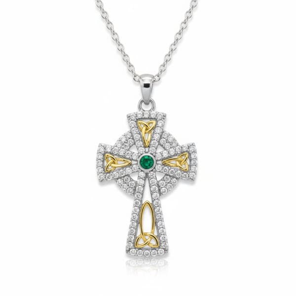 Sterling Silver Celtic Cross with Trinity Knots, Green & White CZ - Irish Gifts