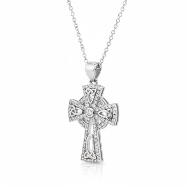 Sterling Silver Celtic Cross with Engraved Trinity Knots White CZ - Irish Gifts