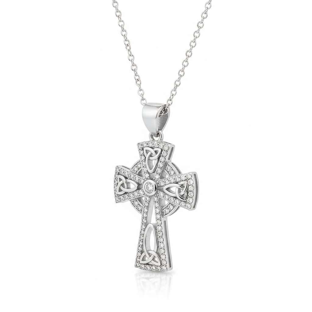 Sterling Silver Celtic Cross with Engraved Trinity Knots White CZ - Irish Gifts