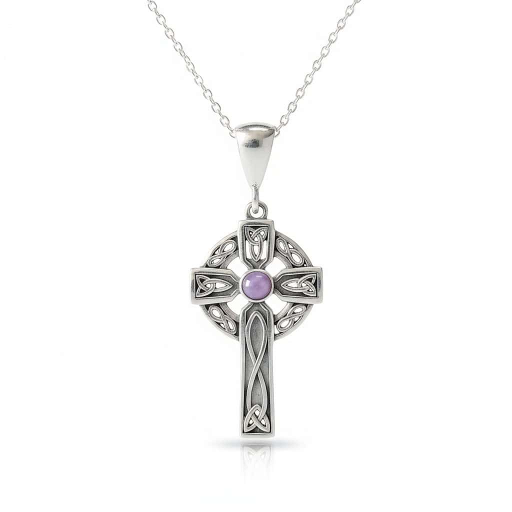 Sterling Silver Celtic Cross with Trinity & Amethyst Stone - Irish Gifts