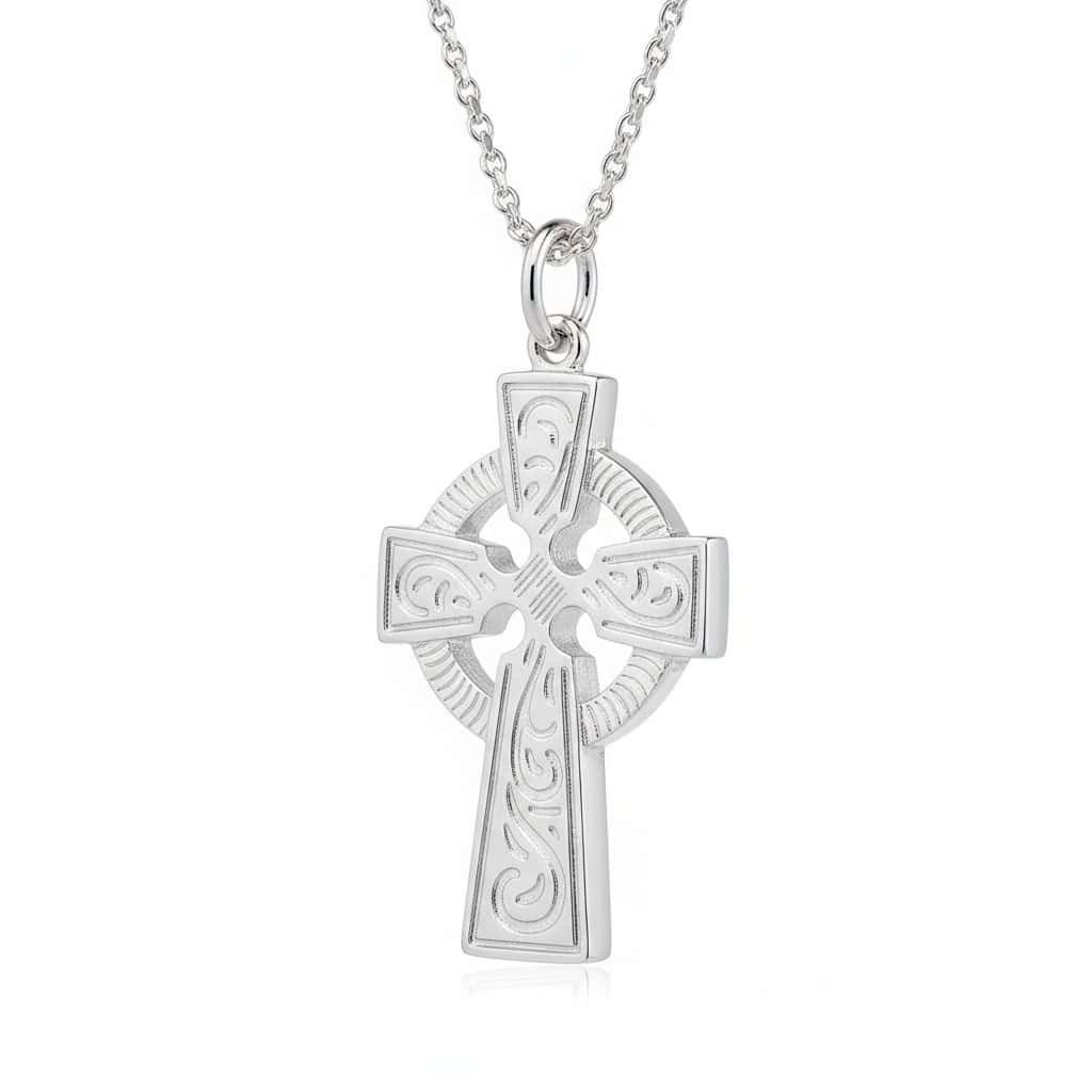 Sterling Silver Celtic Cross Necklace with Engraved Knots – 18” - Irish Gifts