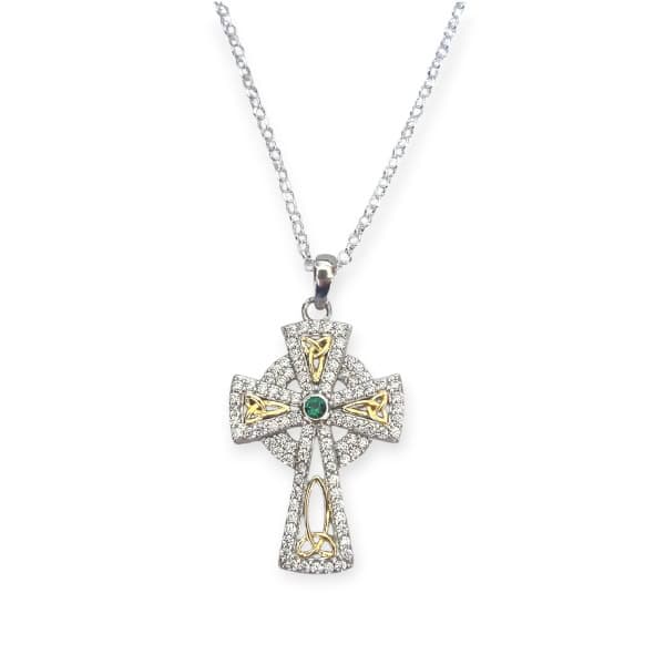 Sterling Silver Celtic Cross with White and Green CZ - Irish Gifts
