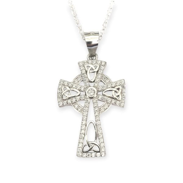 Sterling Silver Celtic Cross with White CZ Stones - Irish Gifts - Image 1