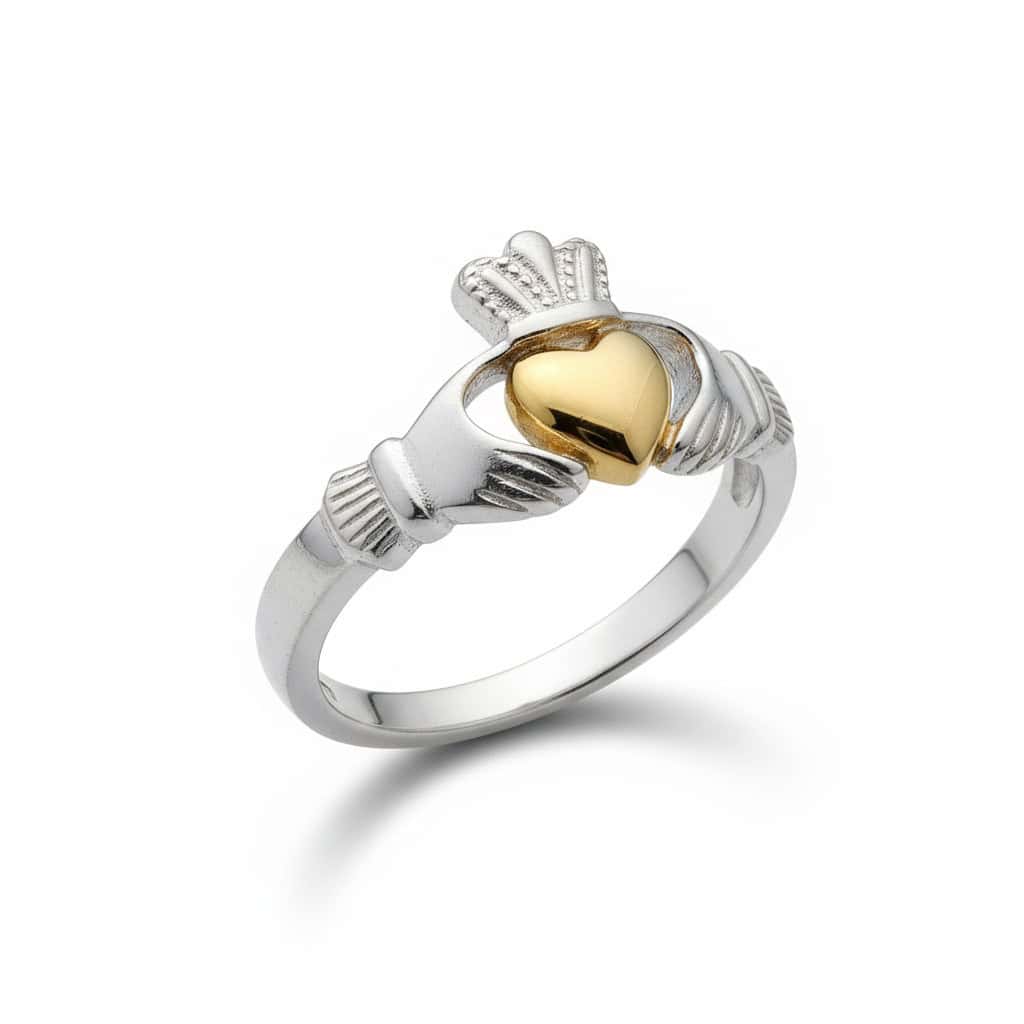 Sterling Silver & 9ct Gold Heart Claddagh Ring - Irish Jewellery
