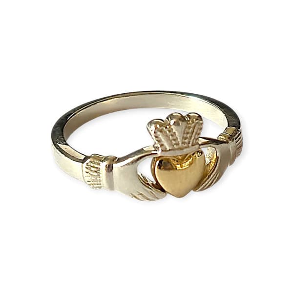 Sterling Silver Claddagh Ring with Solid Gold Heart - Irish Jewellery