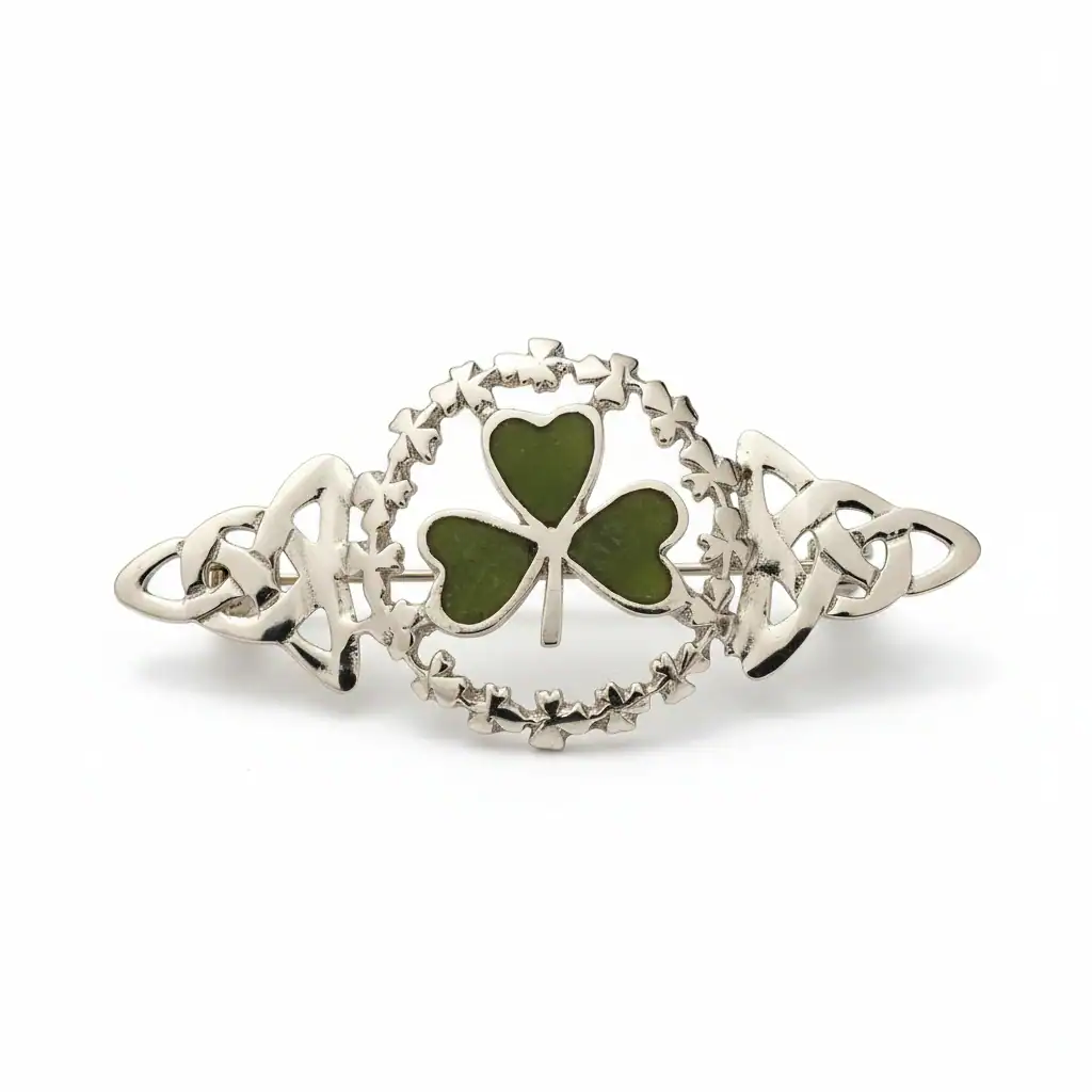 Sterling Silver Connemara Marble Shamrock Brooch – Irish Made - Connemara Marble