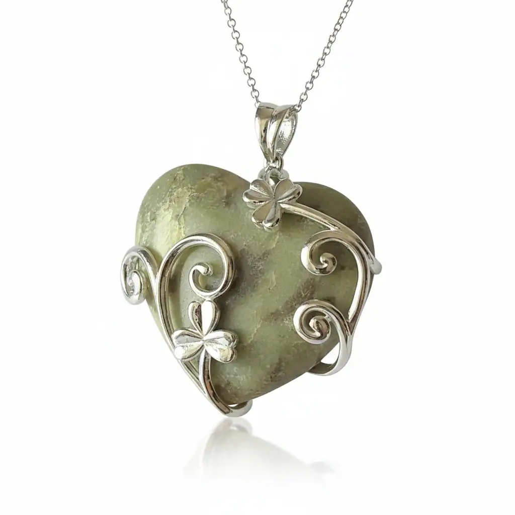 Silver Connemara Marble Heart and Shamrock Pendant – 20” Chain - Connemara Marble