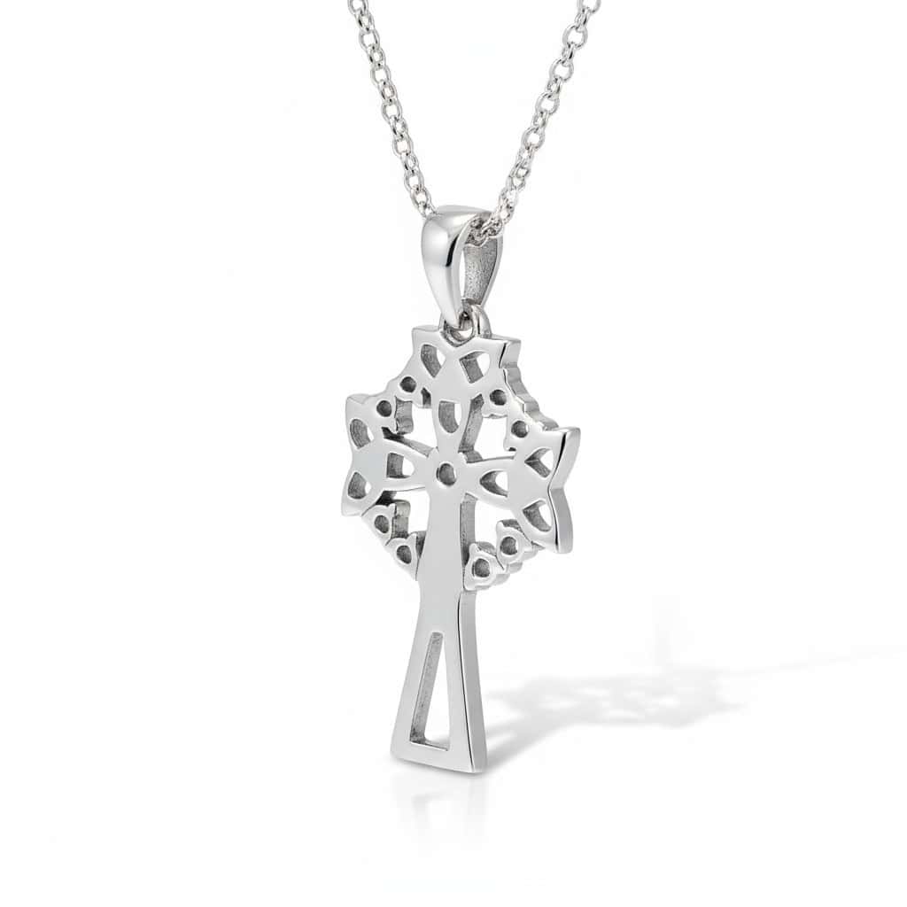 Silver Celtic Cross with Trinity Knots & Green and White Stones - Irish Gifts - Image 1