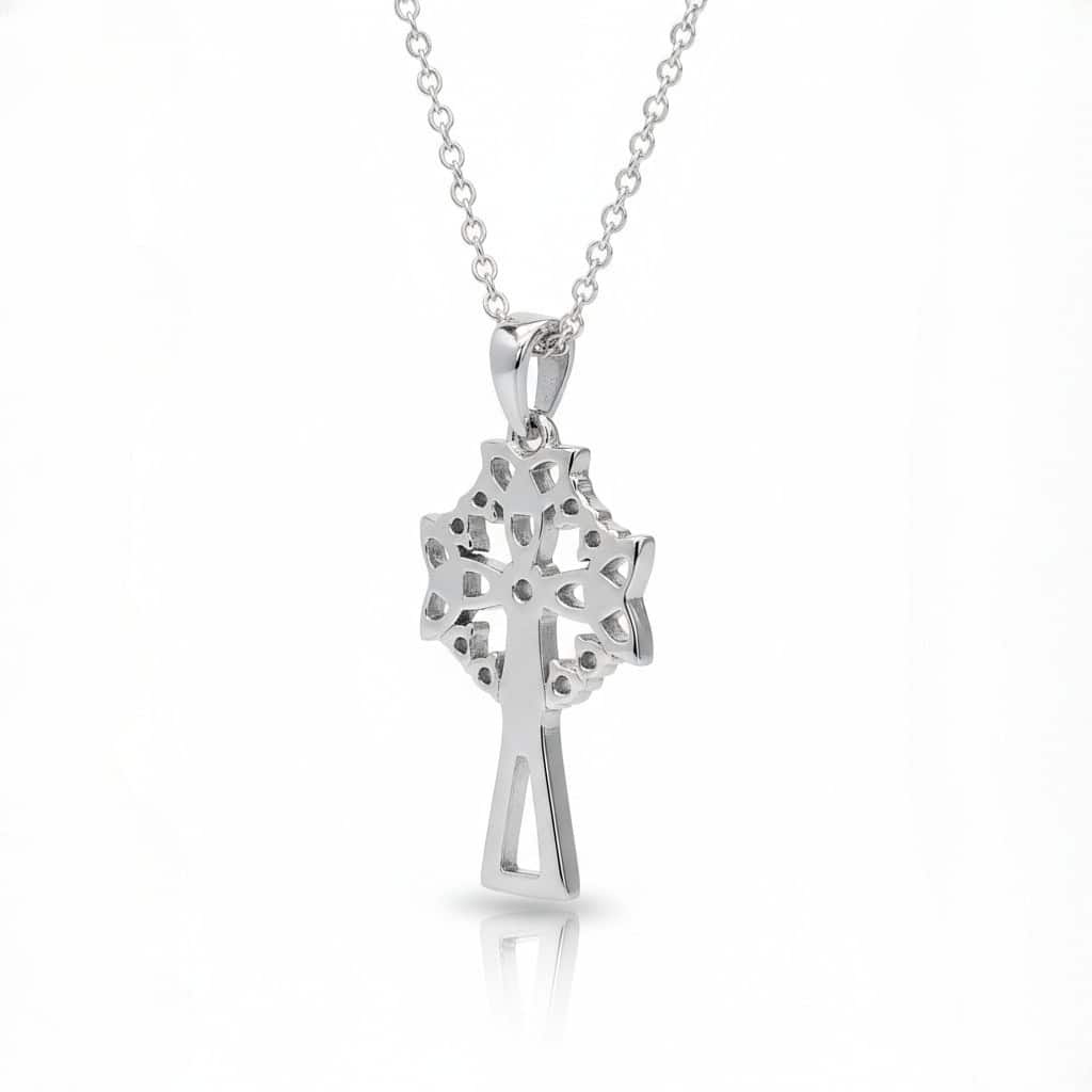 Sterling Silver Celtic Cross with Trinity & White CZ – 18” Chain - Irish Gifts - Image 1