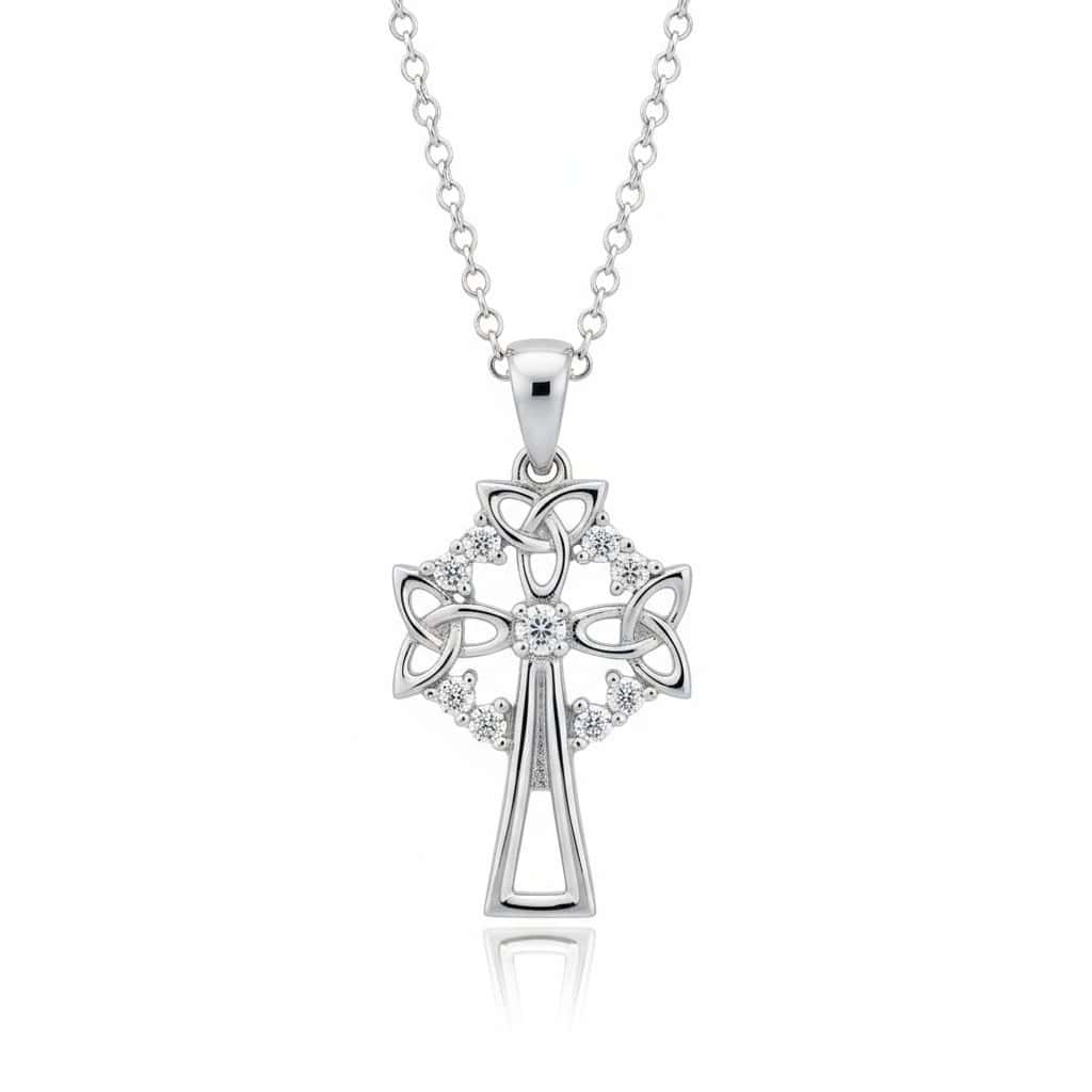 Sterling Silver Celtic Cross with Trinity & White CZ – 18” Chain - Irish Gifts