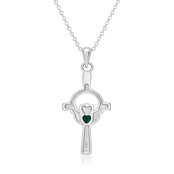 Sterling Silver Celtic Cross with Claddagh and Green Heart - Irish Gifts - Image 1
