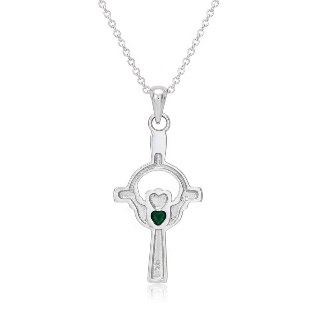 Sterling Silver Celtic Cross with Claddagh and Green Heart - Irish Gifts - Image 1