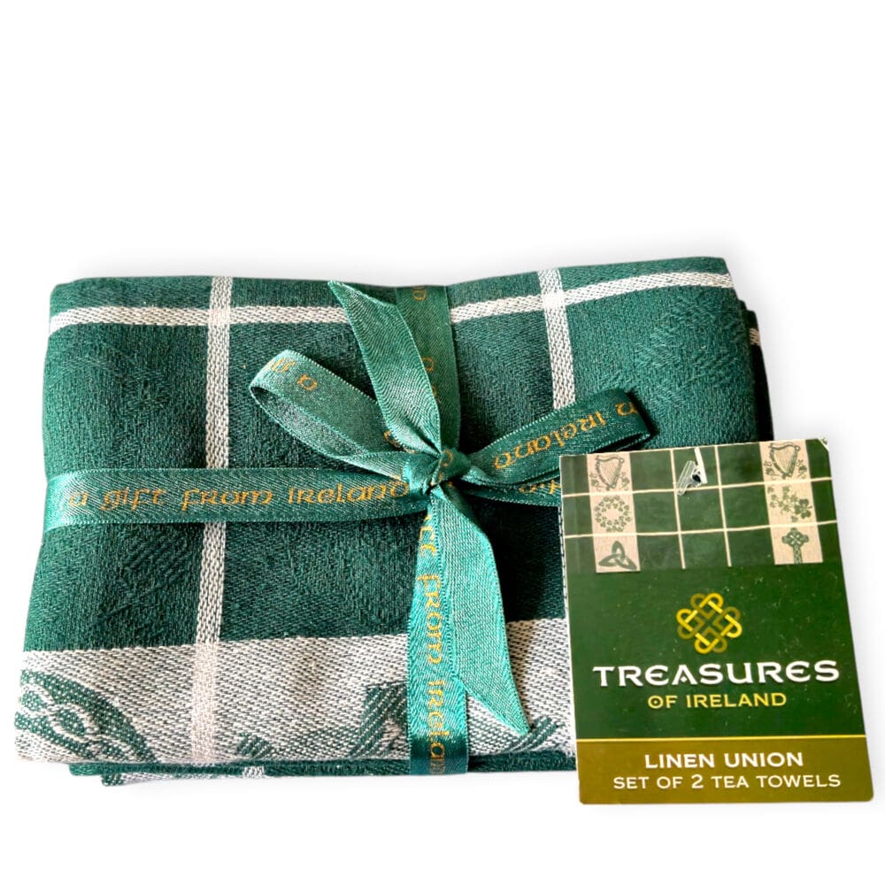 Irish Linen Union Tea Towel Set – 2 Pack in Green & White - Decorative Bar Stuff