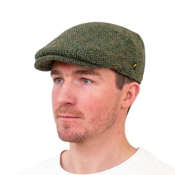 Green Herringbone Donegal Tweed Dubliner Cap - Donegal Tweed