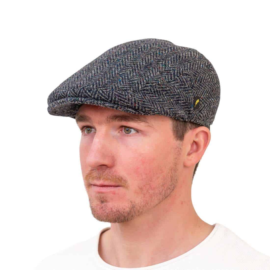 Blue Grey Herringbone Donegal Tweed Dubliner Cap - Donegal Tweed