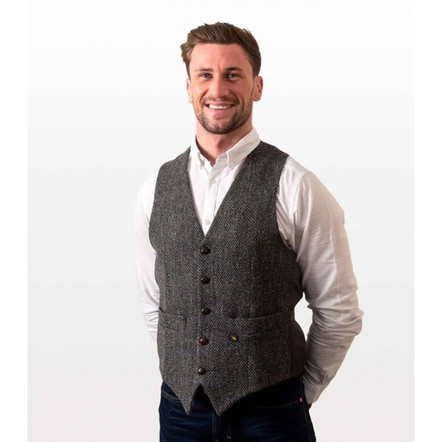 Charcoal Herringbone Donegal Tweed Vest Waistcoat - Tweed Clothing
