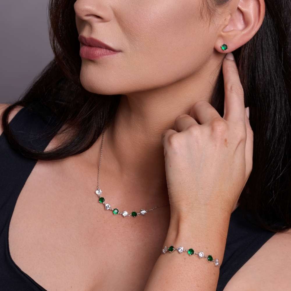 Sterling Silver Bracelet with Green & White CZ Stones - Graduation Gifts - Image 1