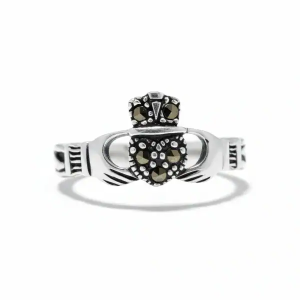 Sterling Silver Claddagh Ring with Marcasite Heart & Crown - Irish Gifts - Image 1