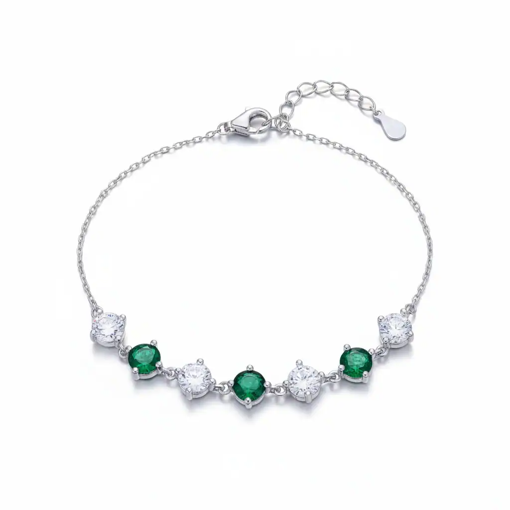 Sterling Silver Bracelet with Green & White CZ Stones - Graduation Gifts
