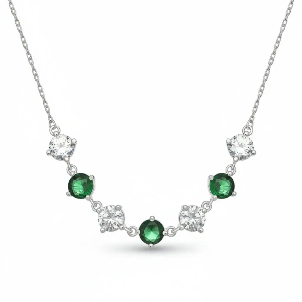 Sterling Silver Necklet with Green & White CZ – Rhodium Plated - Irish Gifts