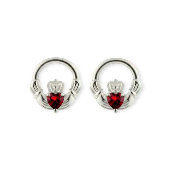 Silver Claddagh January Birthstone Stud Earrings – Garnet - Irish Gifts