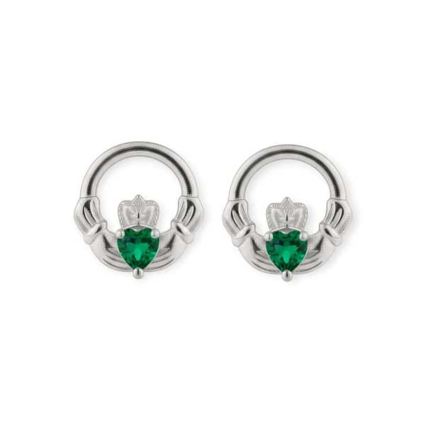 Silver Claddagh May Birthstone Stud Earrings – Emerald - Irish Gifts