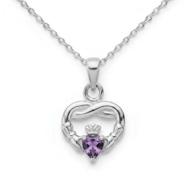 Sterling Silver Claddagh Twist February Pendant – Amethyst CZ - Irish Gifts