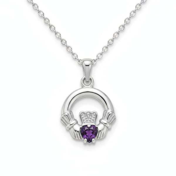 Silver Round Claddagh February Birthstone Pendant – Amethyst CZ - Irish Gifts
