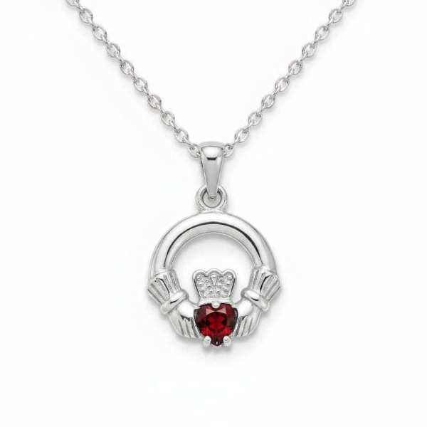 Sterling Silver Round Claddagh Pendant – January Garnet - Irish Gifts