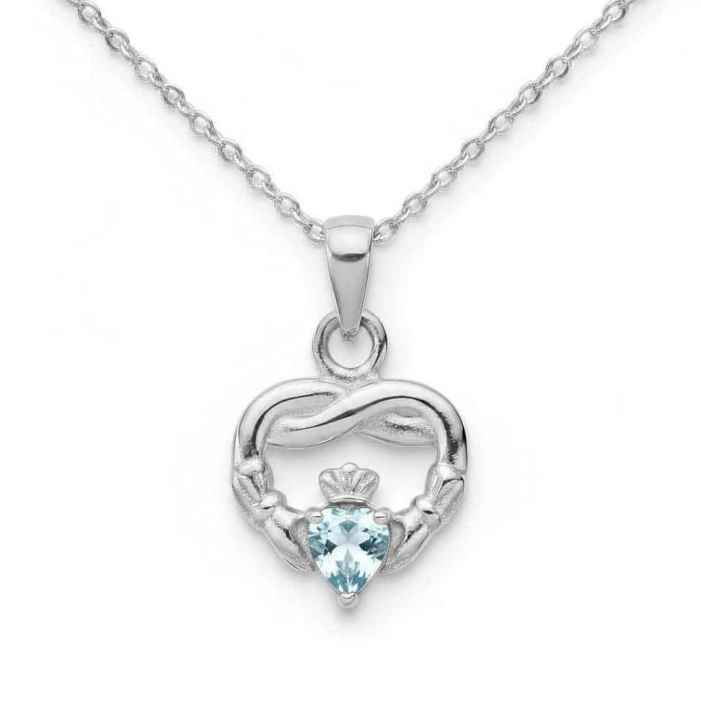 Sterling Silver Claddagh Twist March Pendant – Aquamarine CZ - Irish Gifts
