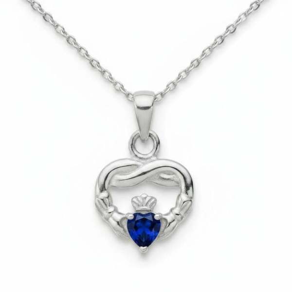Sterling Silver Claddagh Twist September Pendant – Sapphire CZ - Irish Gifts