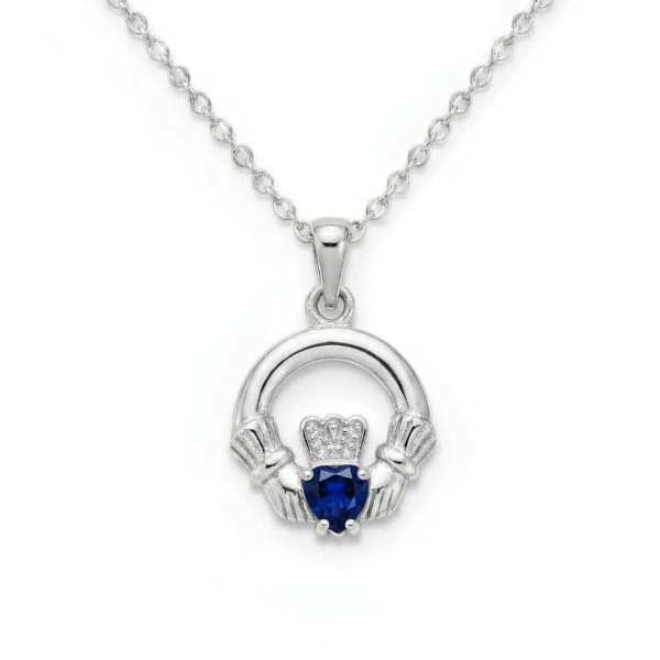 Sterling Silver Round Claddagh September Pendant – Sapphire CZ - Irish Gifts