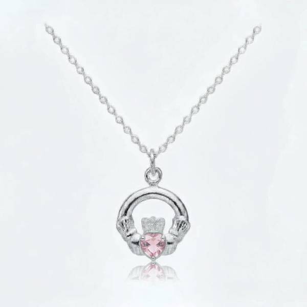 Sterling Silver Claddagh October Birthstone Pendant – Pink CZ - Irish Gifts
