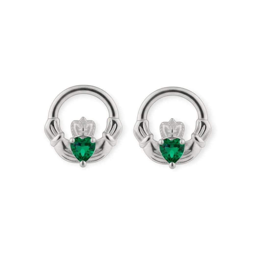 Silver Claddagh May Birthstone Stud Earrings – Emerald - Irish Gifts