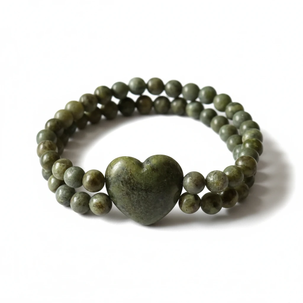 Connemara Marble Double Bead Bracelet with Heart Centre - Connemara Marble