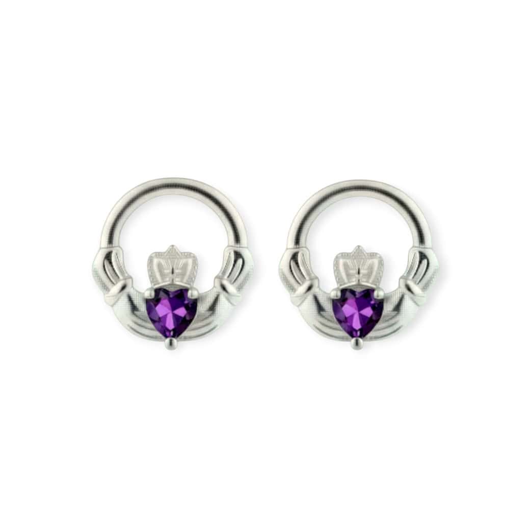 Silver Claddagh February Birthstone Stud Earrings – Amethyst - Irish Gifts