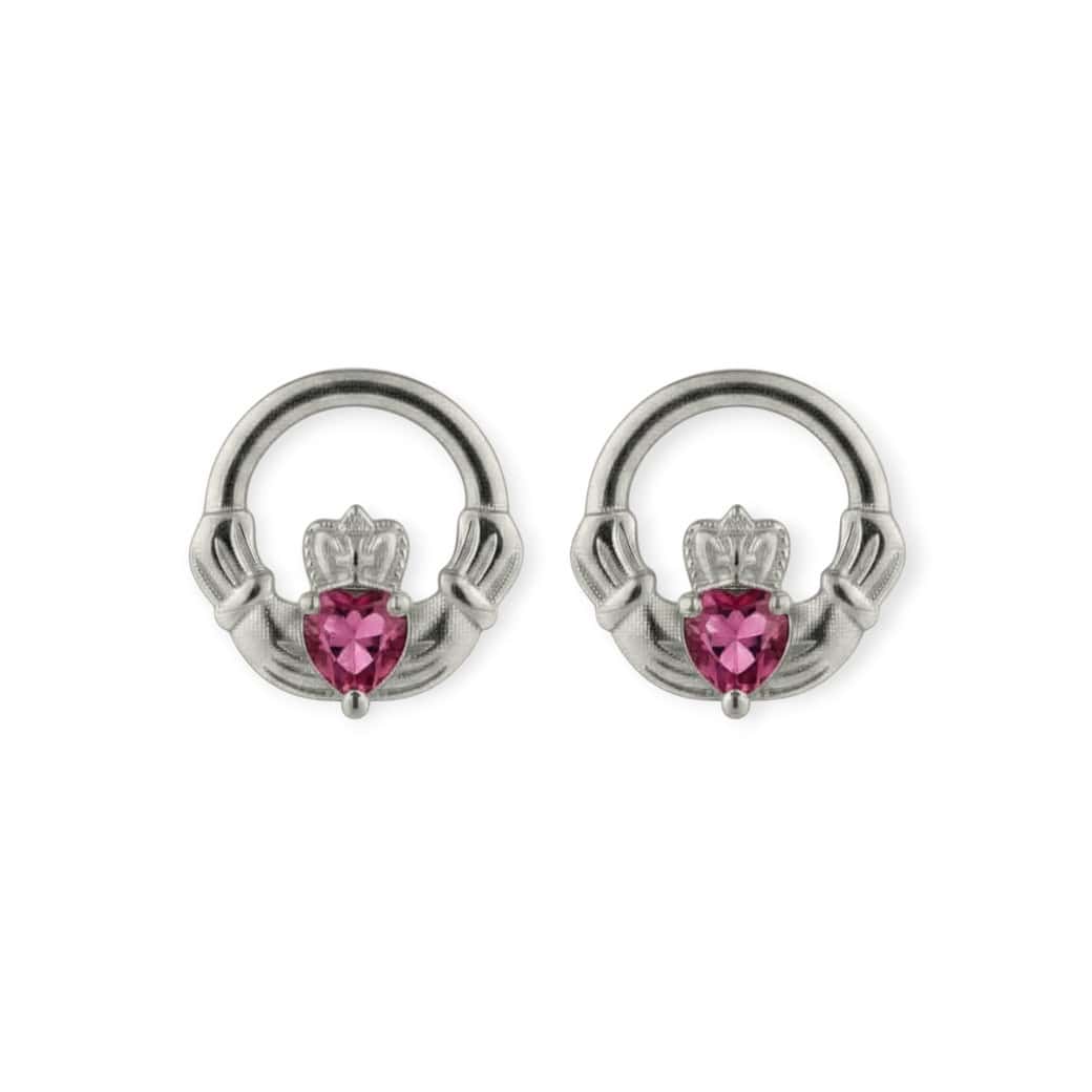 Silver Claddagh July Birthstone Stud Earrings – Ruby - Irish Gifts