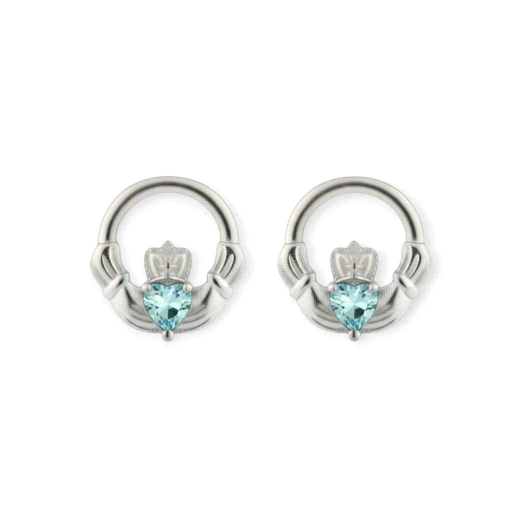 Silver Claddagh March Birthstone Stud Earrings – Aquamarine - Irish Gifts