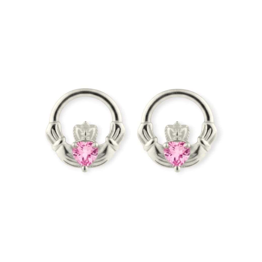 Silver Claddagh October Birthstone Stud Earrings – Pink CZ - Irish Gifts