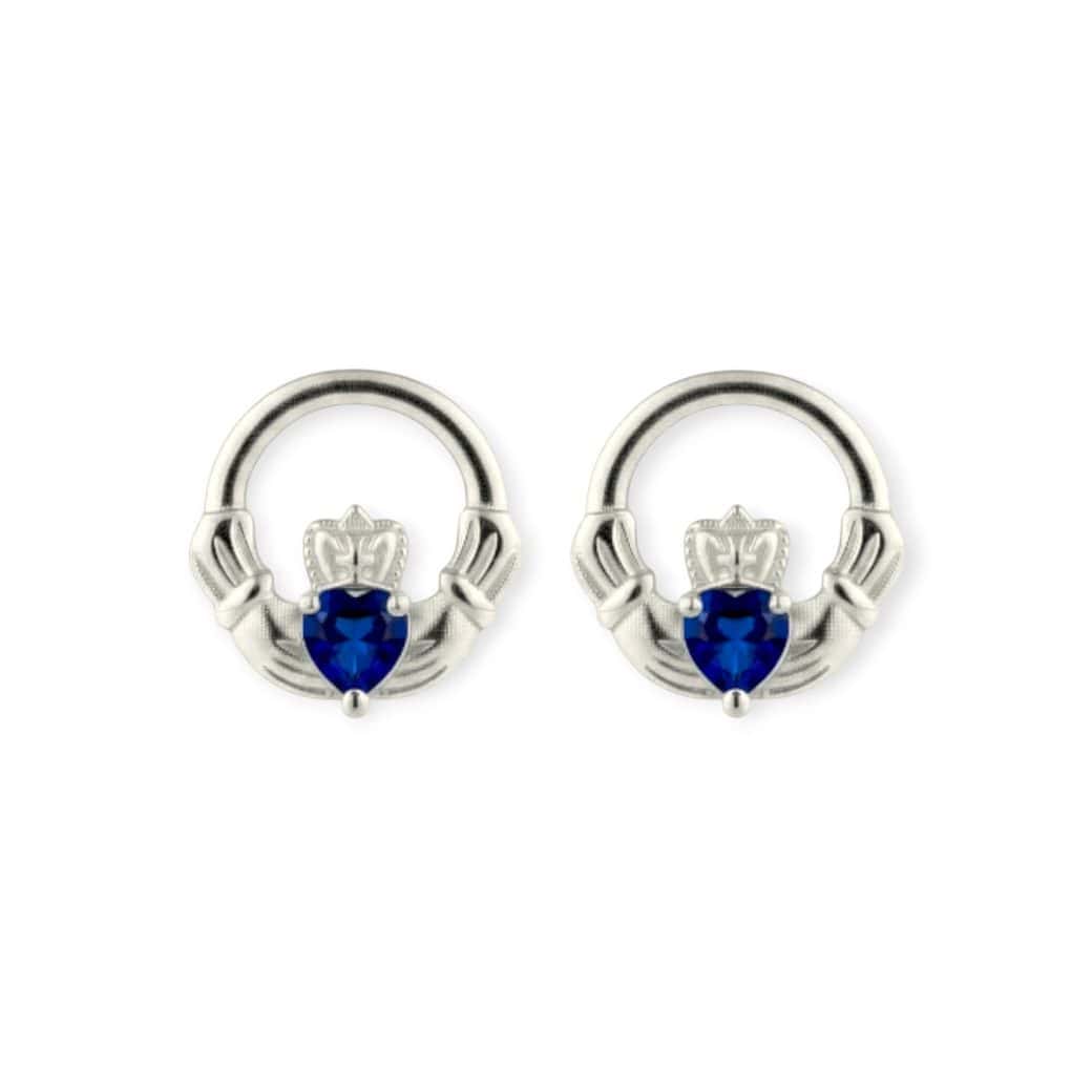 Silver Claddagh September Birthstone Stud Earrings – Sapphire - Irish Gifts