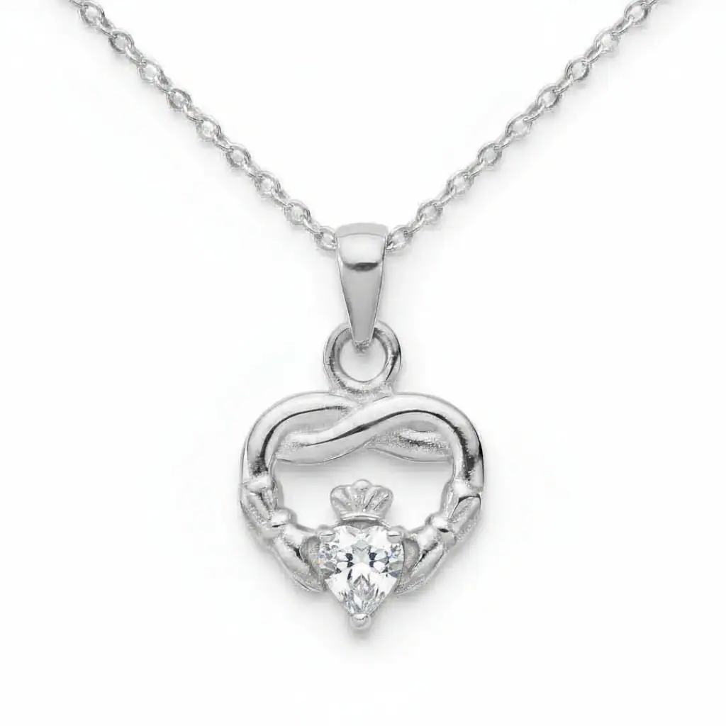 Sterling Silver Claddagh Twist April Pendant – Clear CZ - Irish Gifts