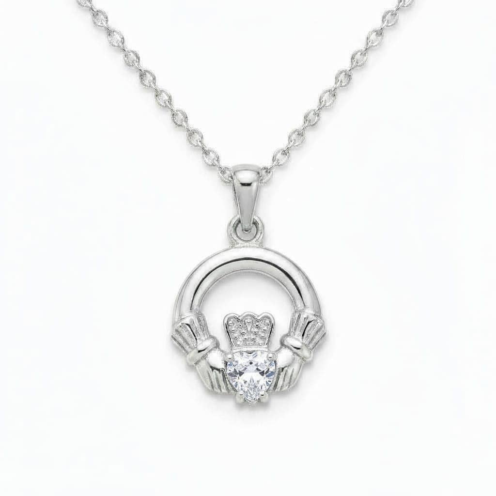 Sterling Silver Round Claddagh April Pendant – Clear CZ - Irish Gifts