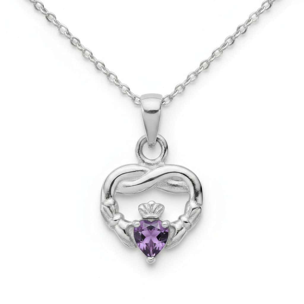 Sterling Silver Claddagh Twist February Pendant – Amethyst CZ - Irish Gifts