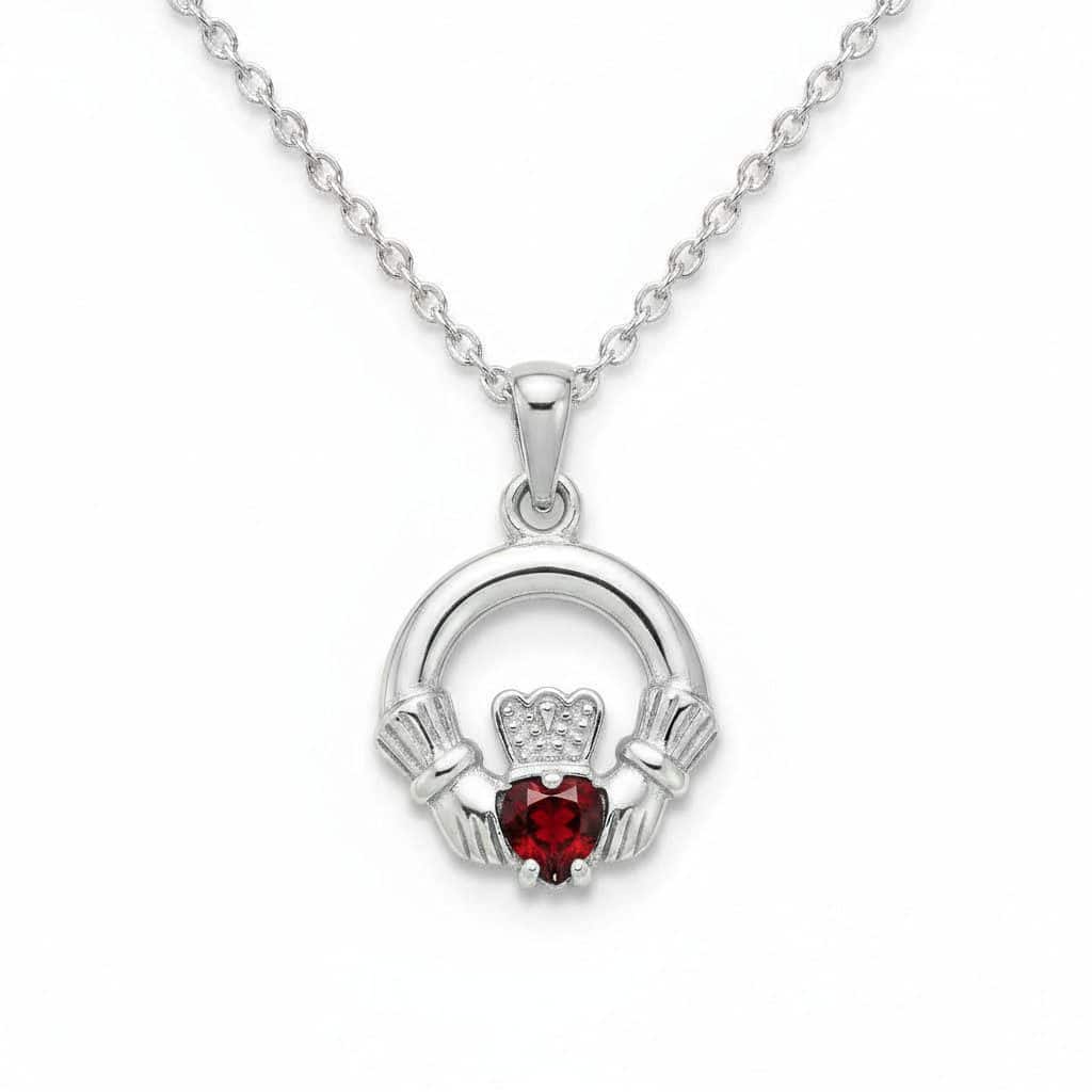 Sterling Silver Round Claddagh Pendant – January Garnet - Irish Gifts