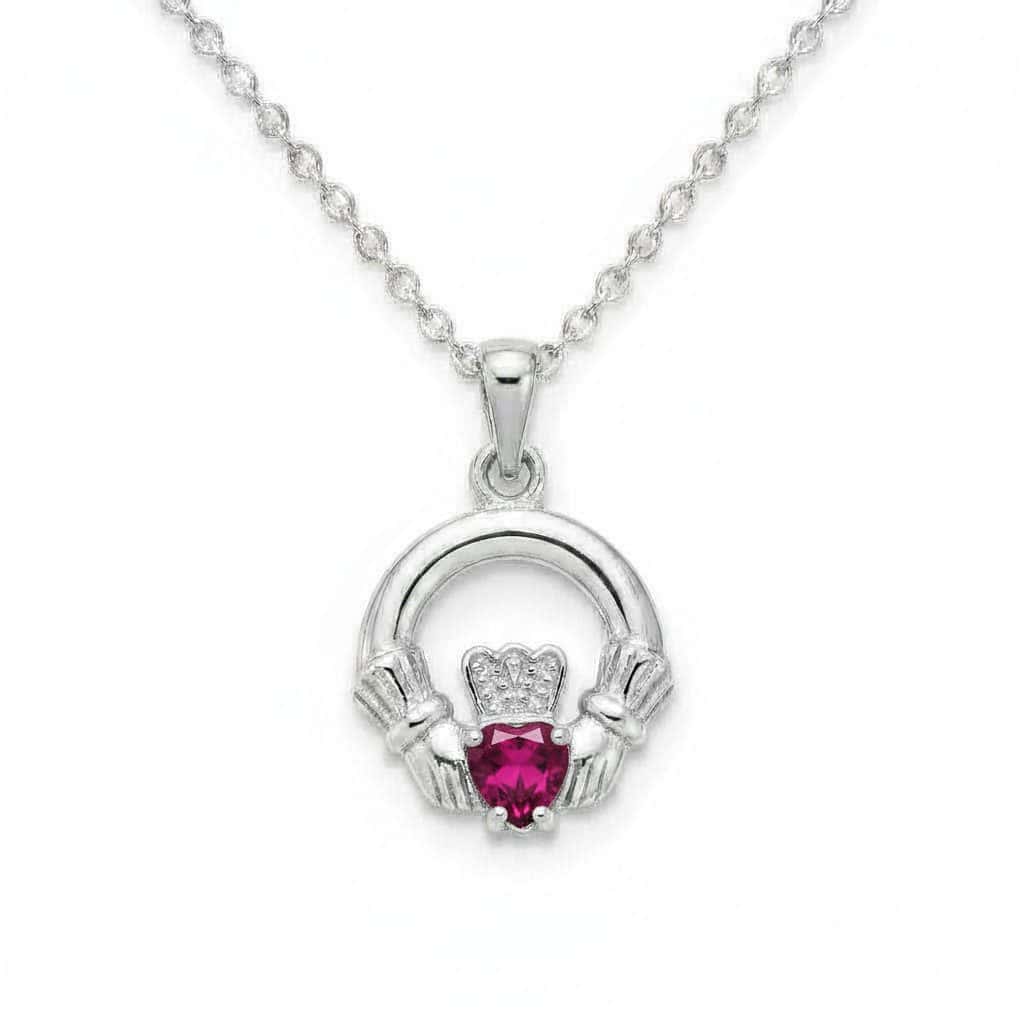Sterling Silver Round Claddagh July Pendant – Ruby CZ - Irish Gifts