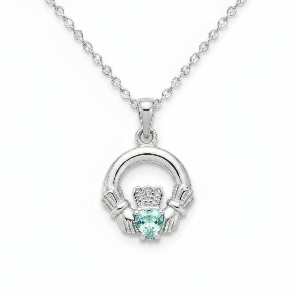 Sterling Silver Round Claddagh March Pendant – Aquamarine CZ - Irish Gifts