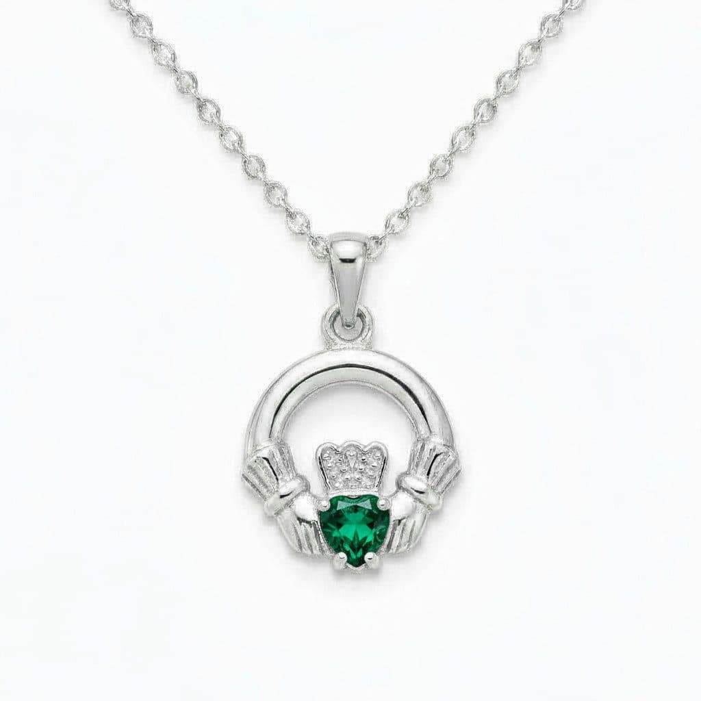 Sterling Silver Round Claddagh May Pendant – Emerald CZ - Irish Gifts