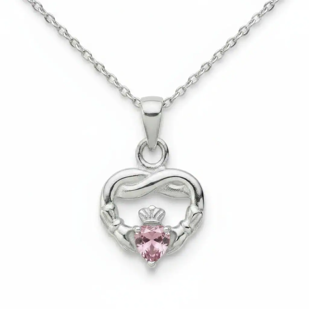 Sterling Silver Claddagh Twist October Pendant – Pink CZ - Irish Gifts