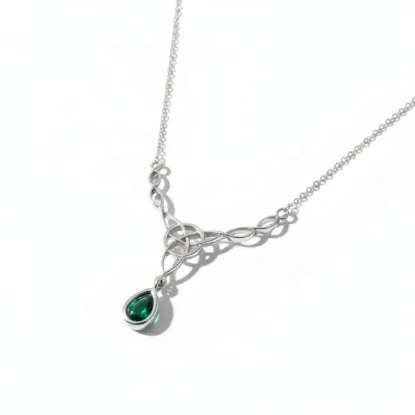 Sterling Silver Celtic Knot Necklet with Green Dropper - Irish Gifts