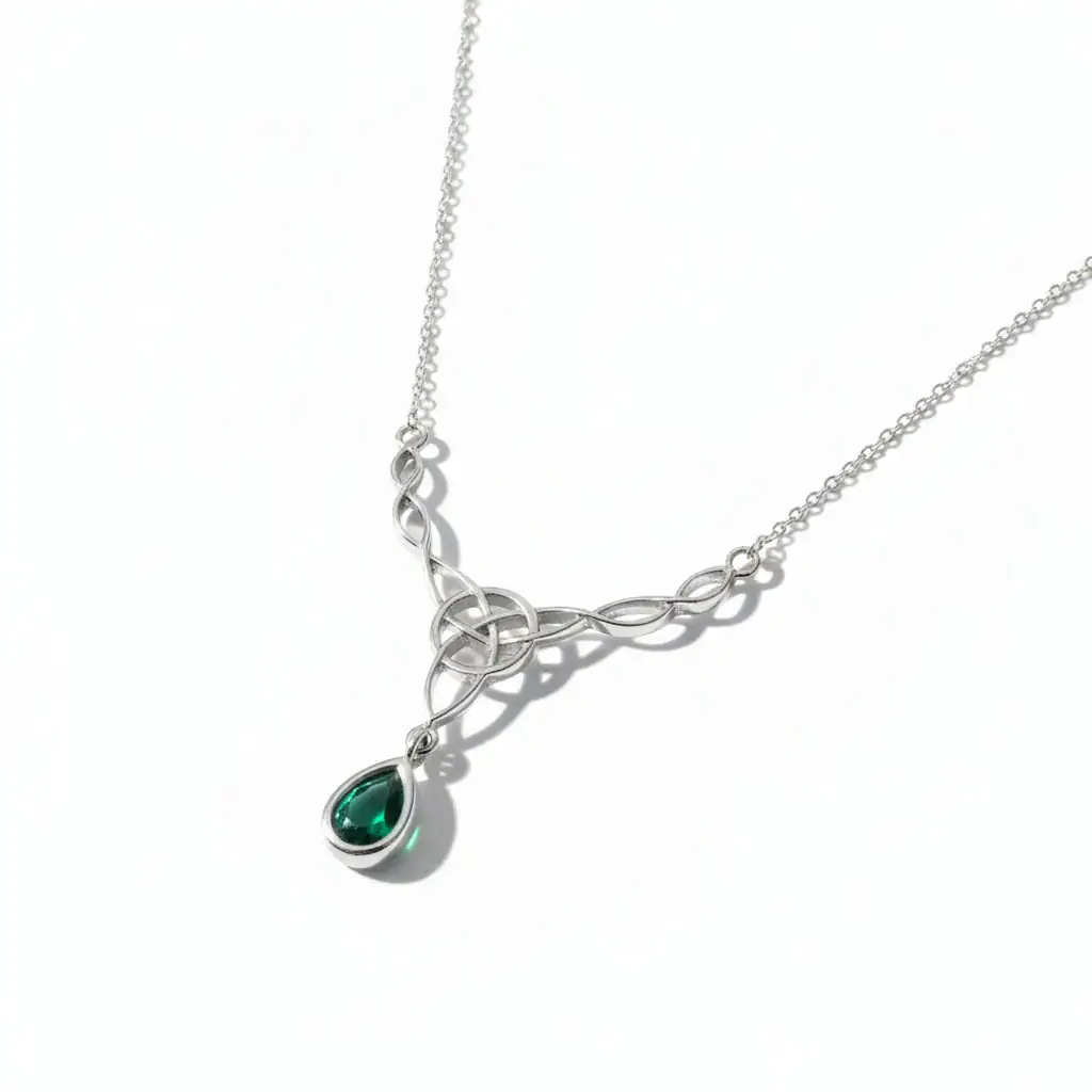 Sterling Silver Celtic Knot Necklet with Green Dropper - Irish Gifts